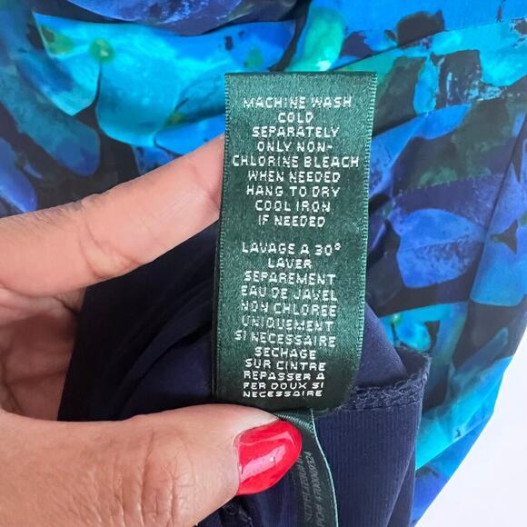 Ralph Lauren Womens 10 Blue Floral Cowl Drape Neck Side Ruched Sleeveless Dress - Picture 7 of 7